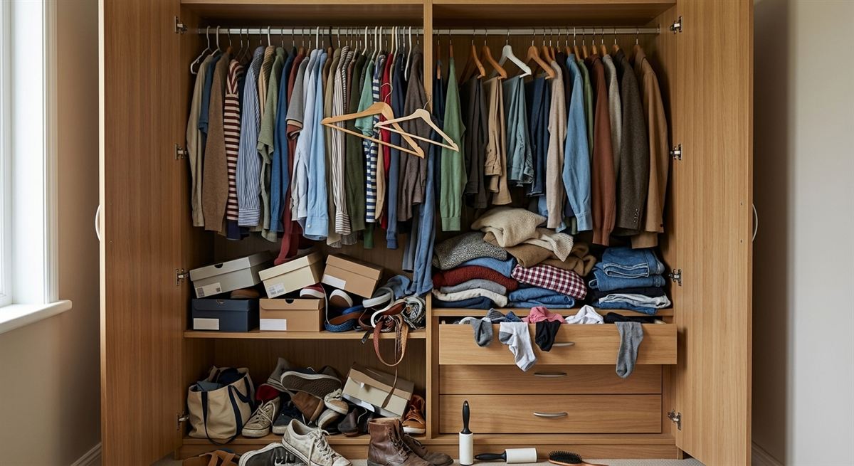 Armário entulhado, com roupas amontoadas, sapatos espalhados e gavetas transbordando