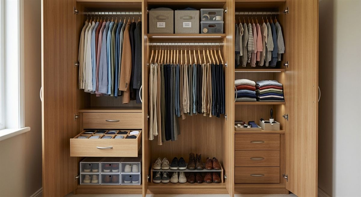 O mesmo armário organizado, com peças penduradas por tipo e sapatos alinhados