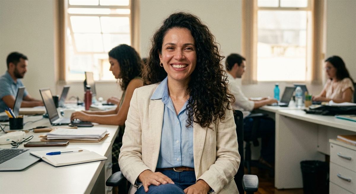 Mulher sorrindo no escritório, com blazer de linho claro