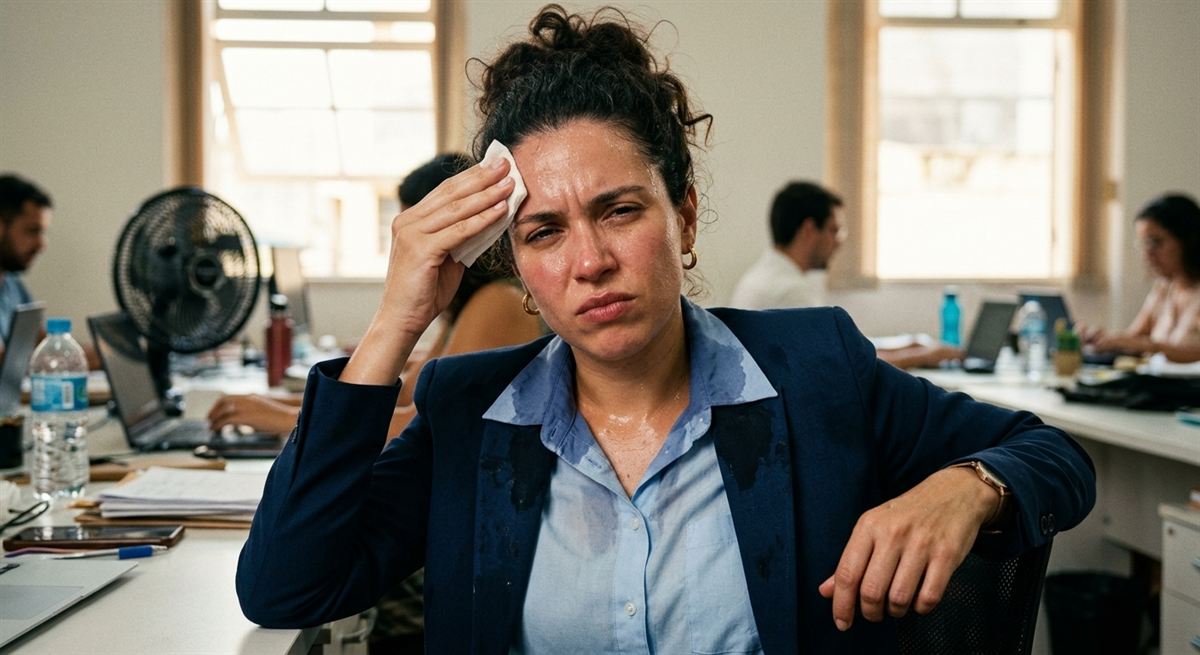 Mulher no escritório com calor, camisa sintética marcada de suor